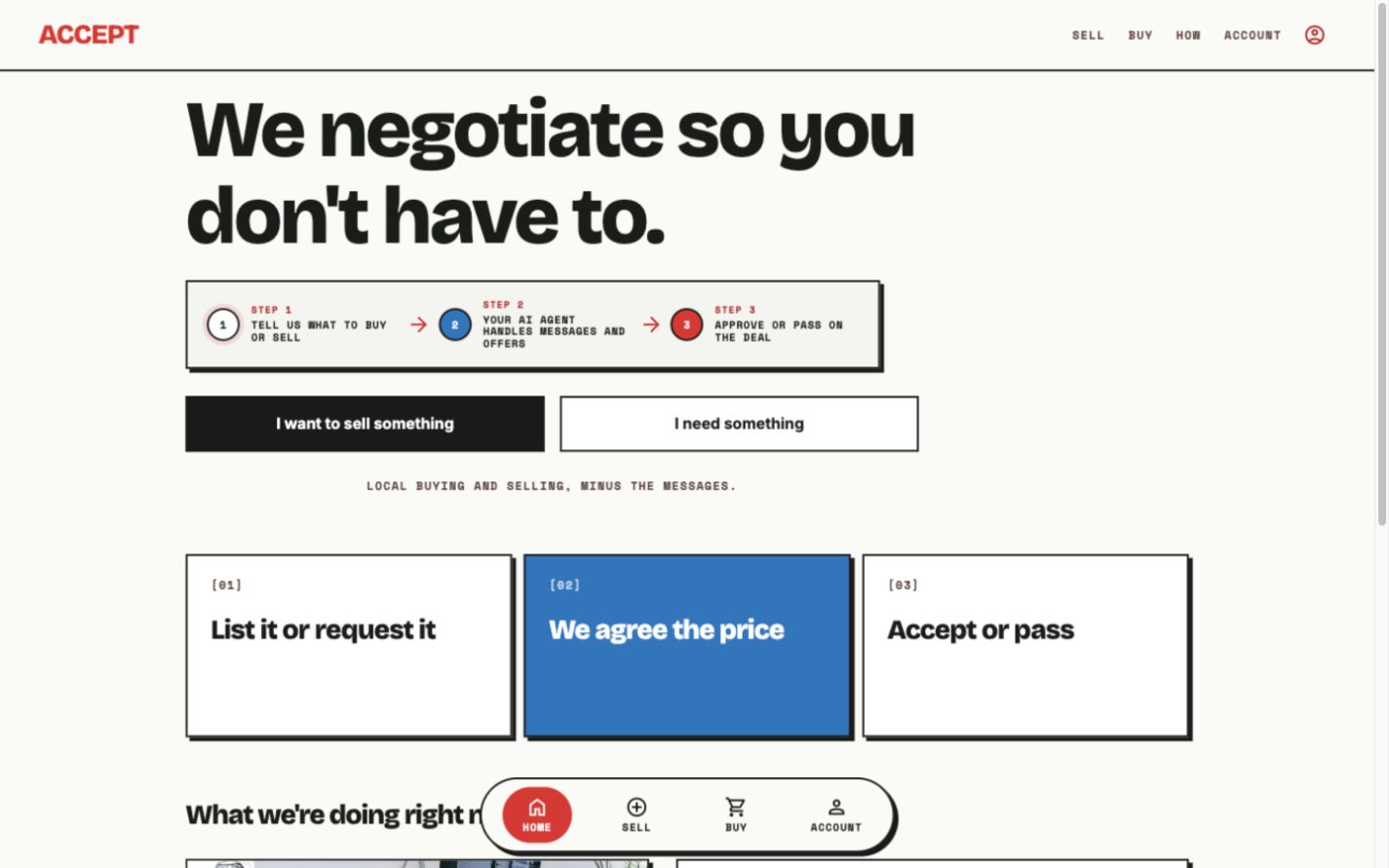 Accept landing page: the headline 'We negotiate so you don't have to', a three-step deal flow, and buy/sell entry points.