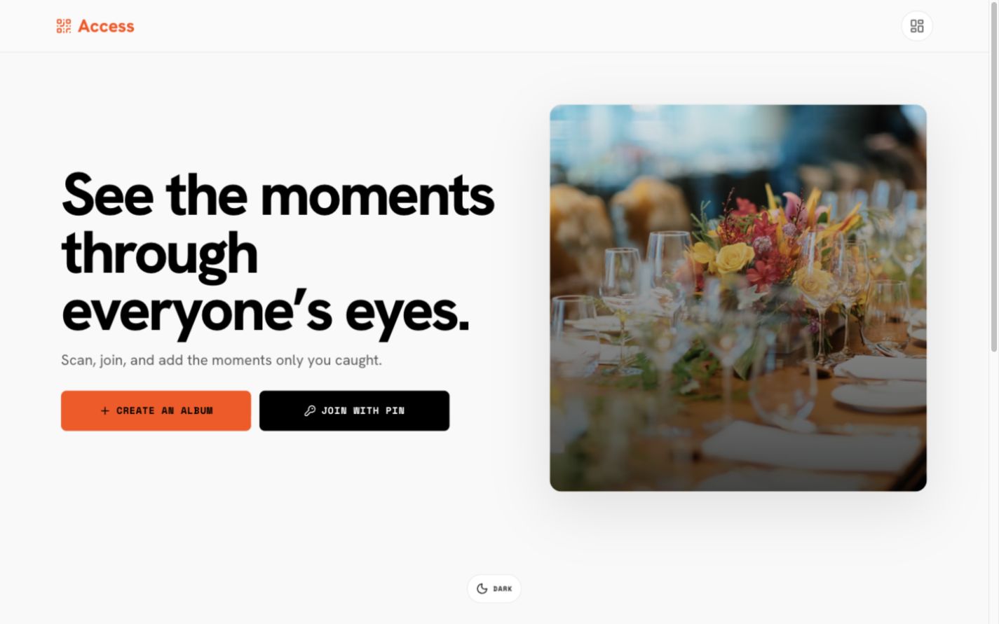 Access landing page: the headline 'See the moments through everyone's eyes', with create-album and join-with-PIN actions beside an event photo.